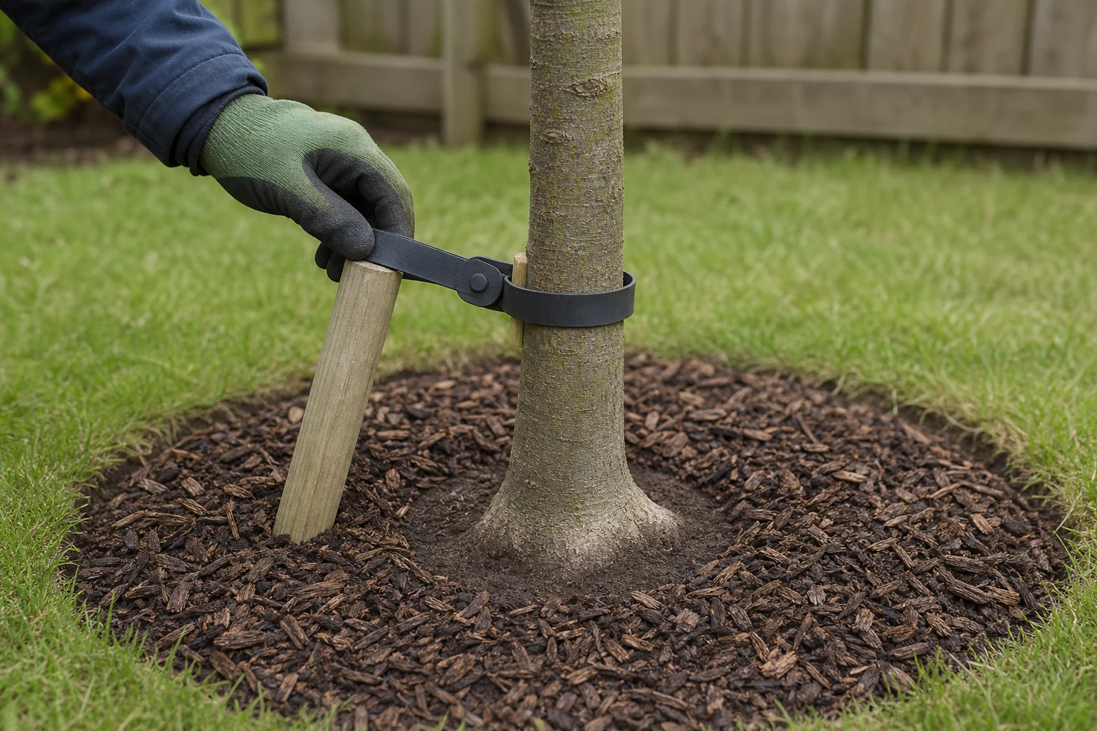 A gloved hand checks the tie on a newly planted tree with a low angled stake.