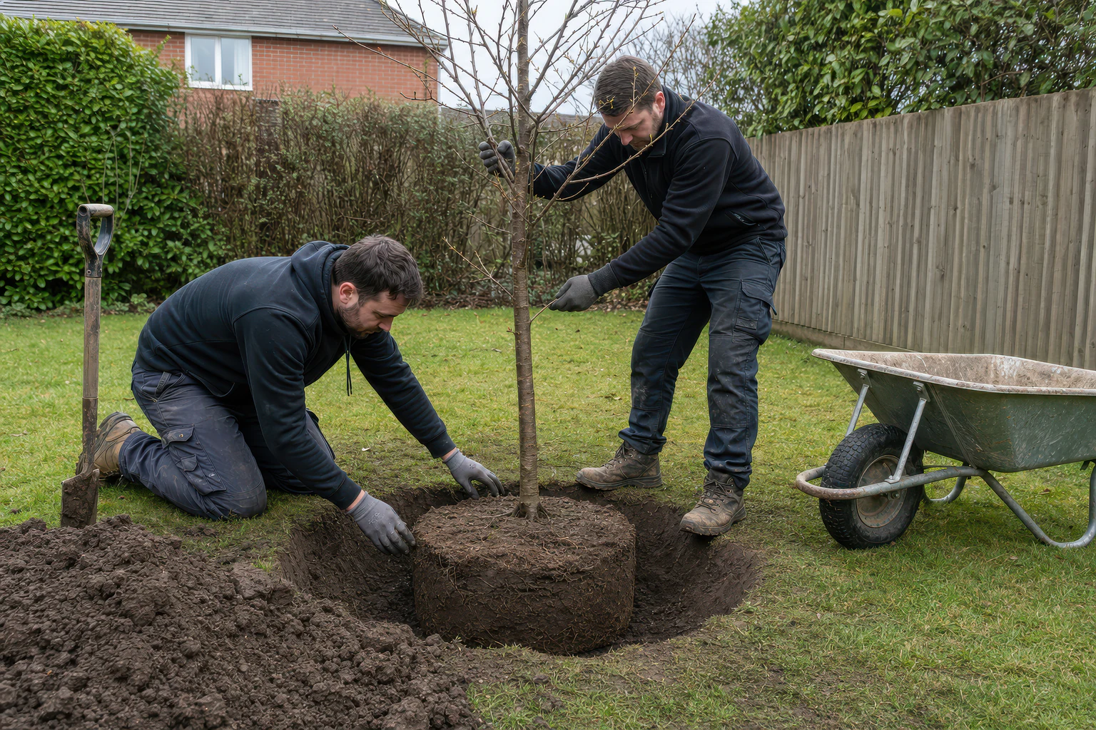 Two tree workers position a young tree and its rootball in a garden planting pit.