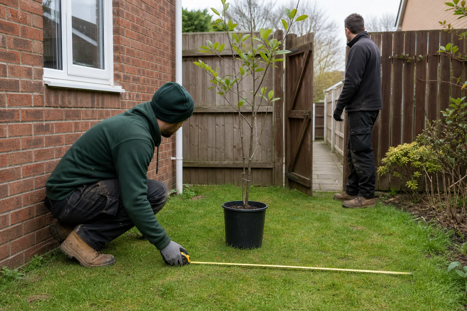 Two tree workers check the position and access route for a potted young tree in a garden.
