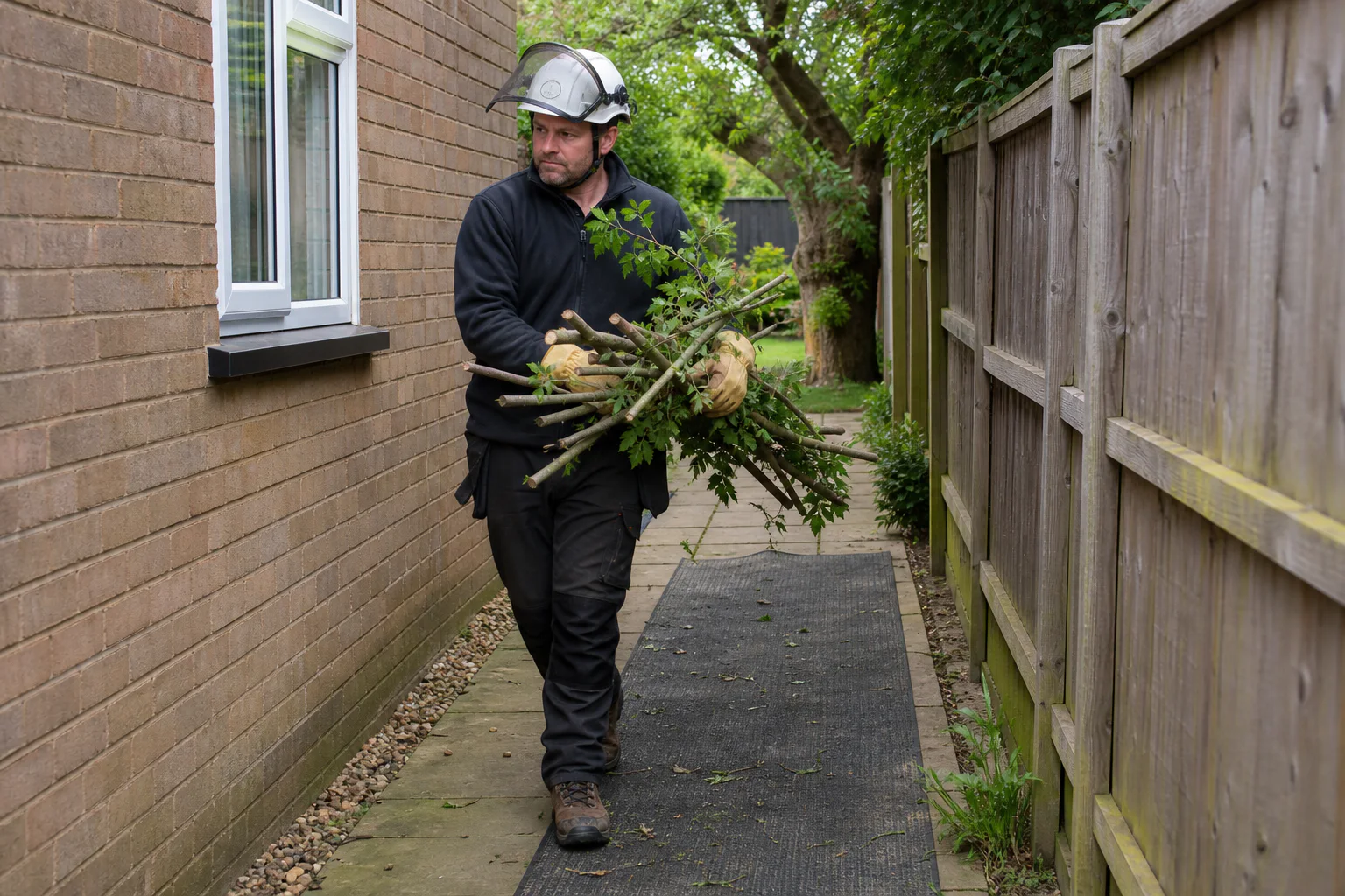 A tree worker carries cut branches along a narrow passage beside a house.