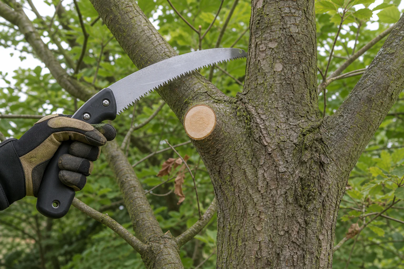 A gloved arborist holds a pruning saw beside a clean branch-collar cut.