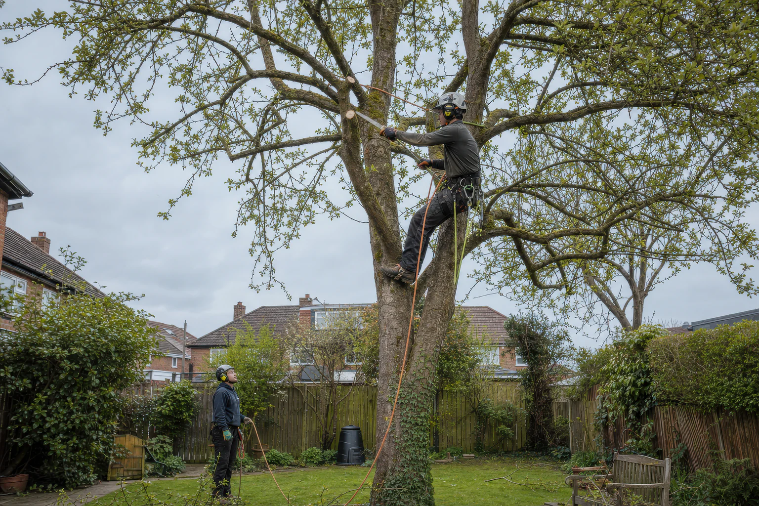 An arborist pruning a mature garden tree while a ground worker manages the rope below.