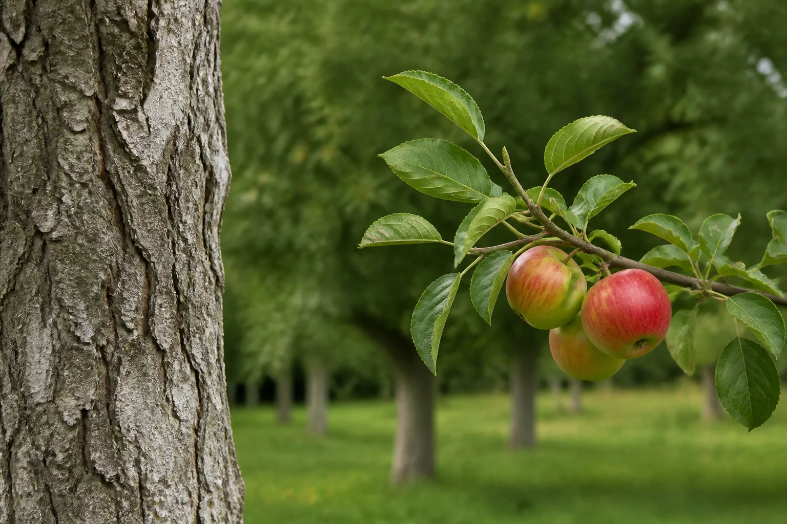 Mature grey-brown apple bark beside a separate leafy branch carrying three apples.