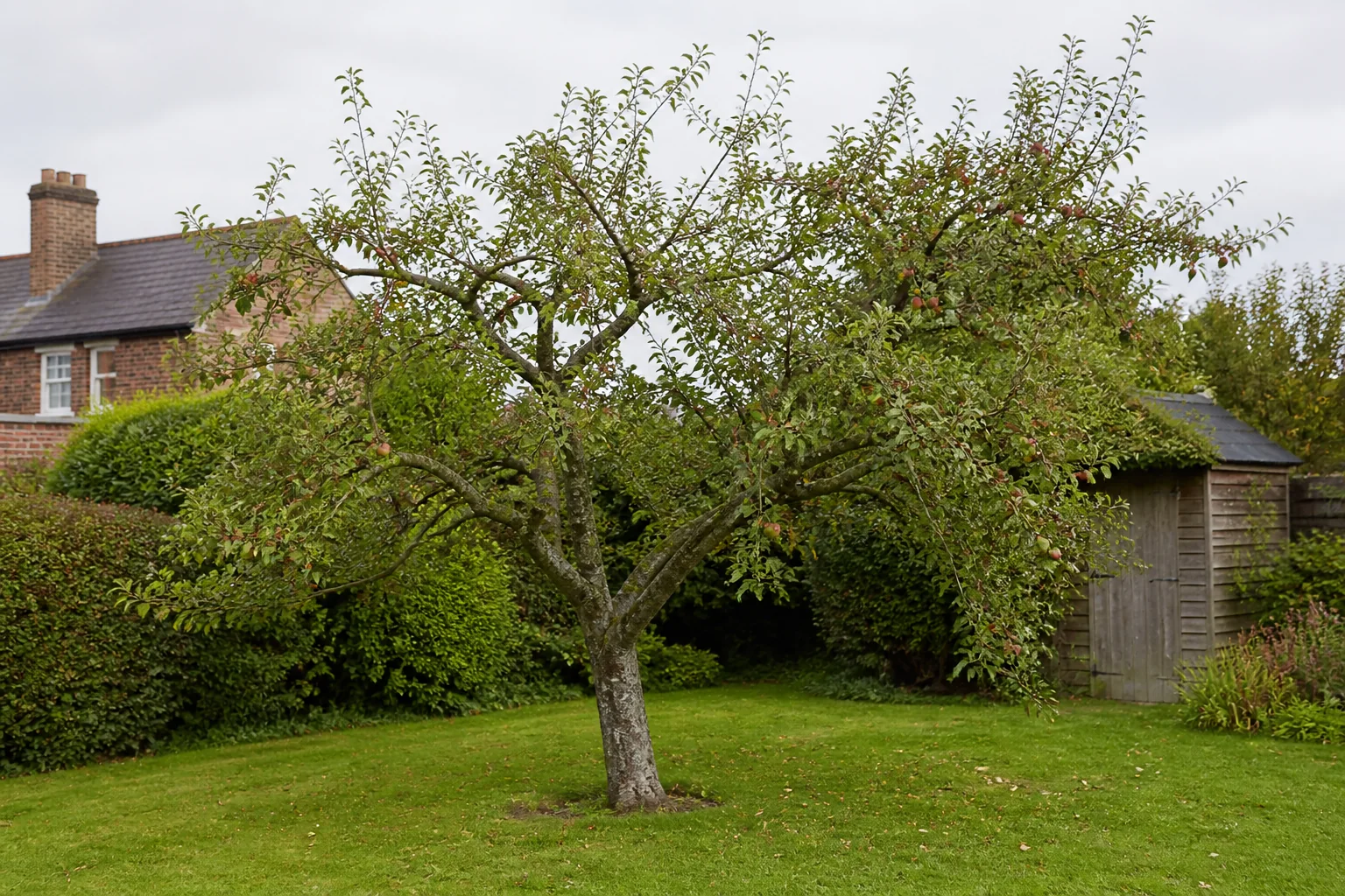 A mature free-standing apple tree with a low spreading crown in a residential garden.