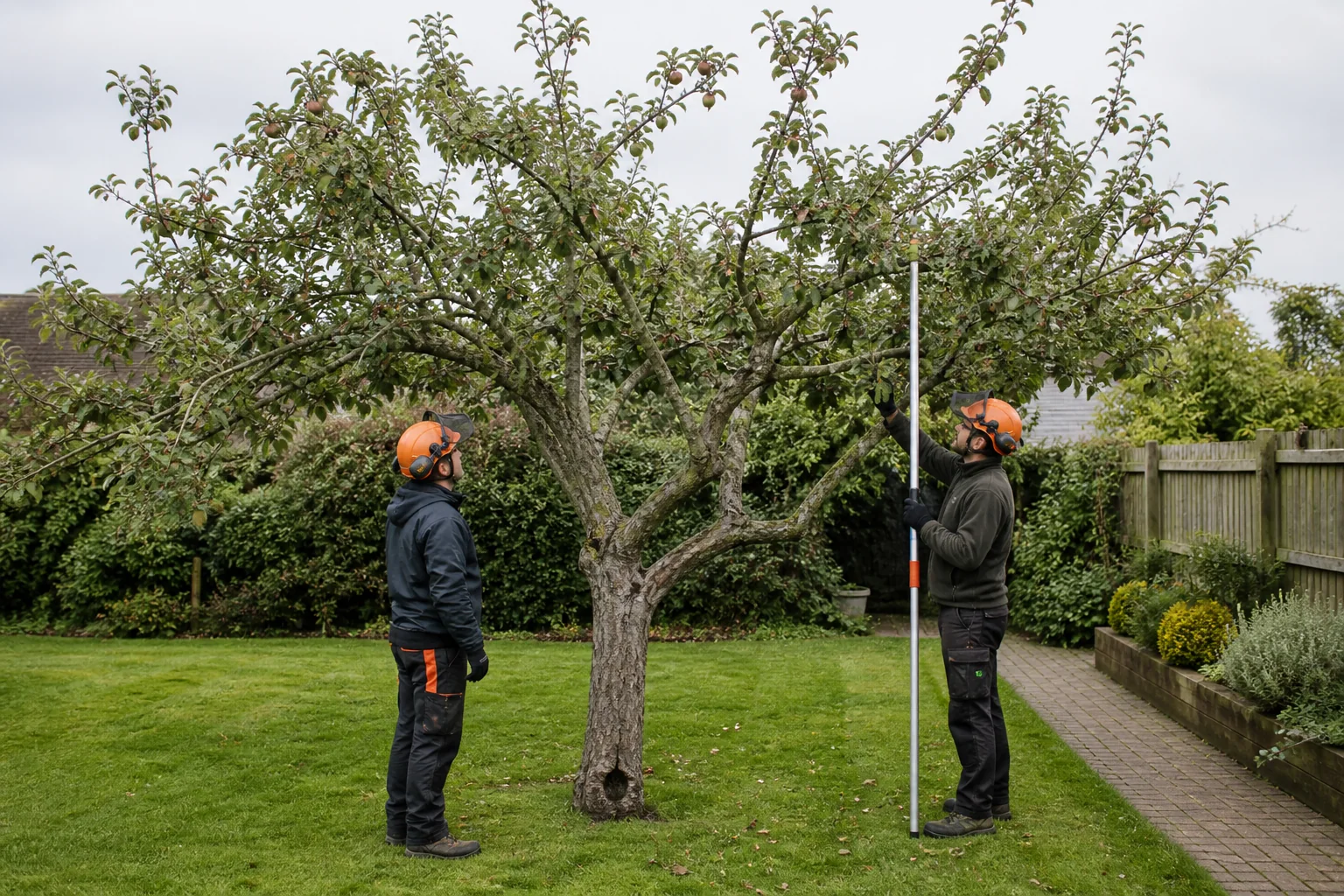 Two arborists inspect the branch structure of a mature apple tree from the ground.