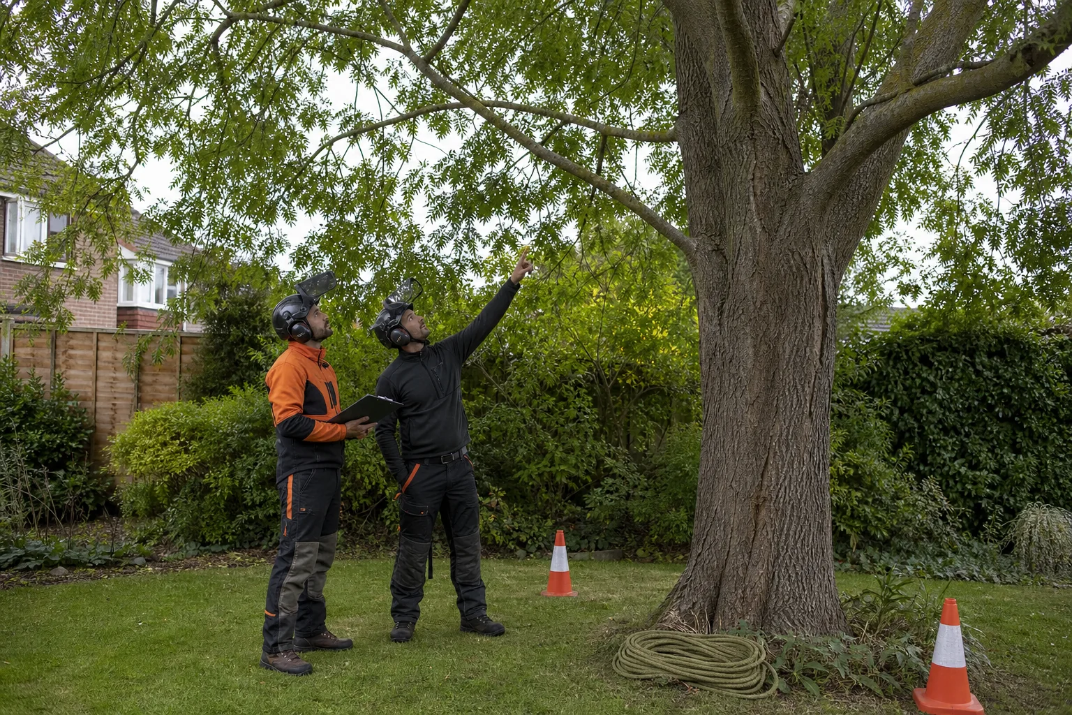 Two arborists inspect the crown of a mature ash from the ground before tree work begins.