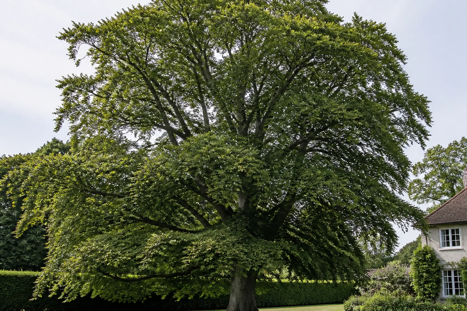 A mature beech with a broad dense crown and smooth grey trunk in a garden.