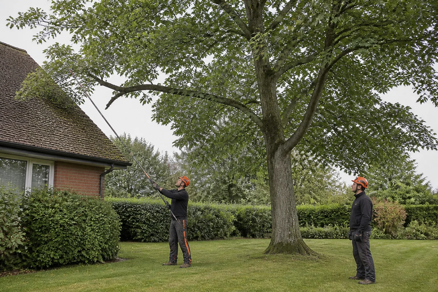 Two arborists check the clearance between a low beech branch and a nearby roof.