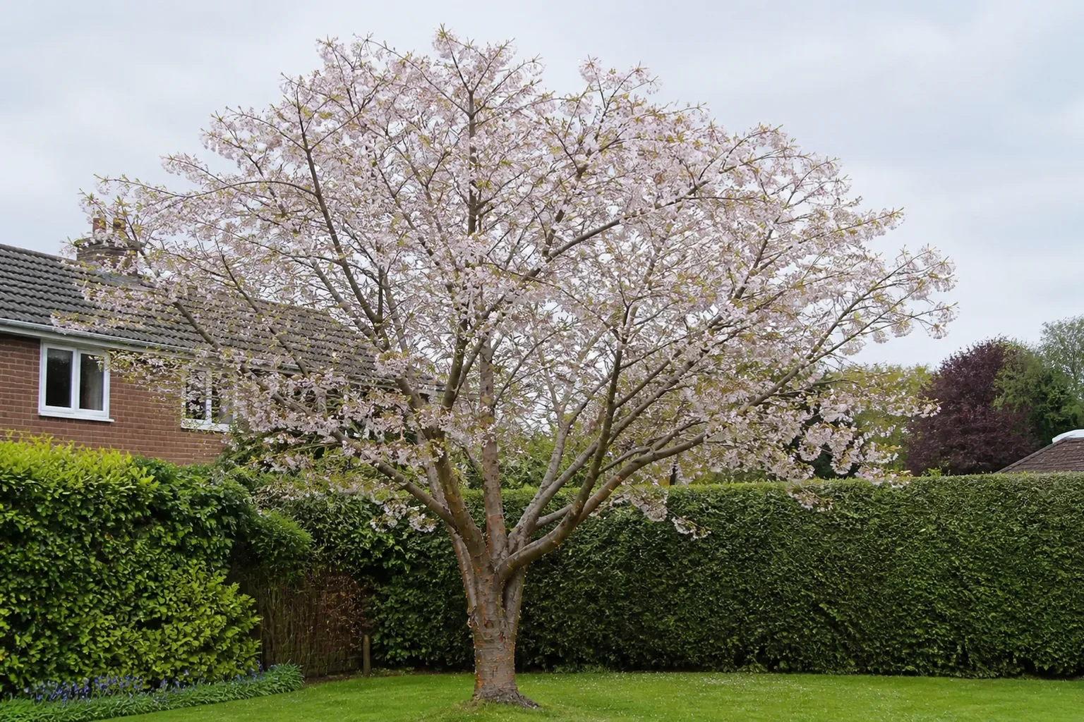 A mature pale pink flowering cherry with a broad crown in a residential garden.