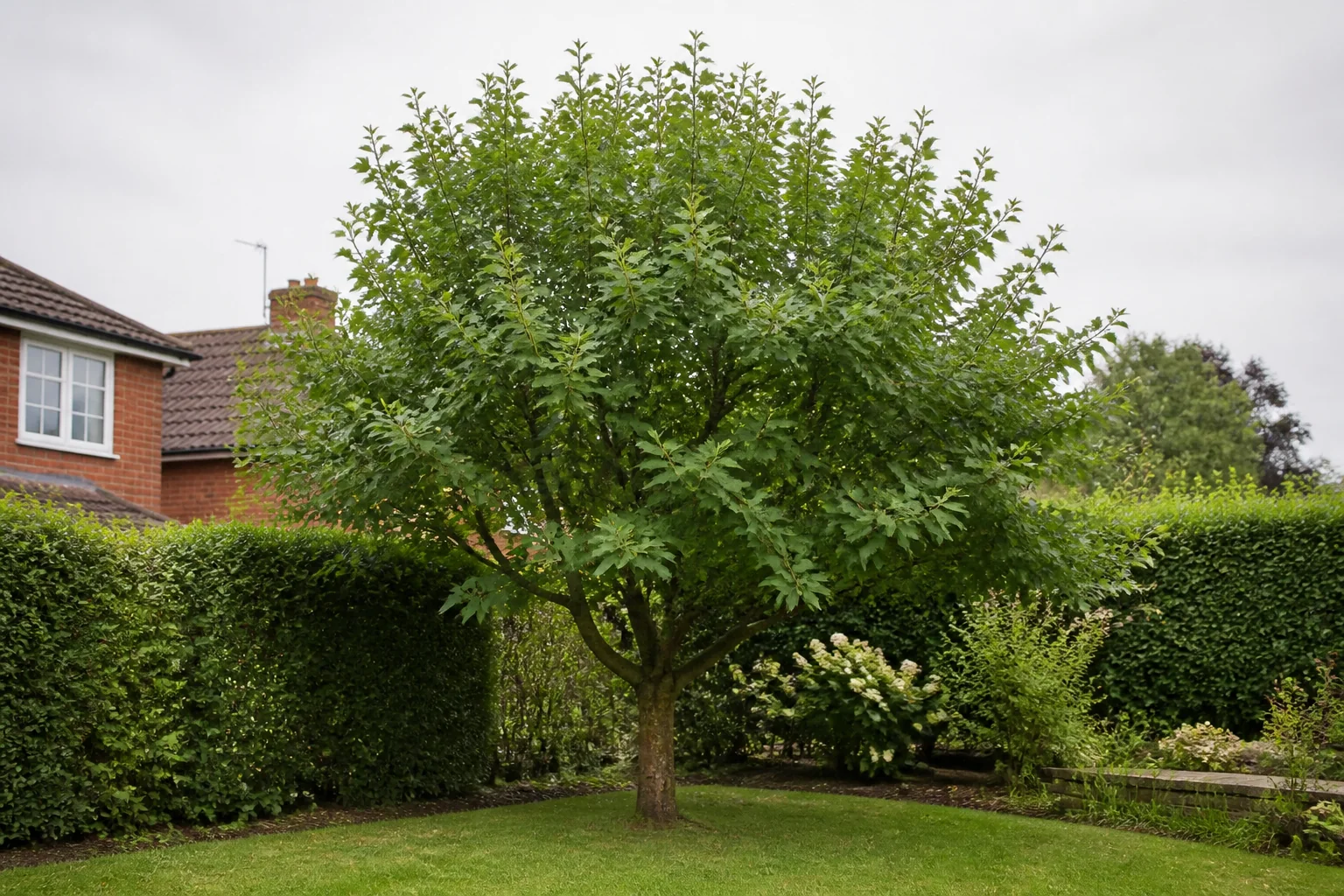 A mature field maple with a rounded crown in an English garden.