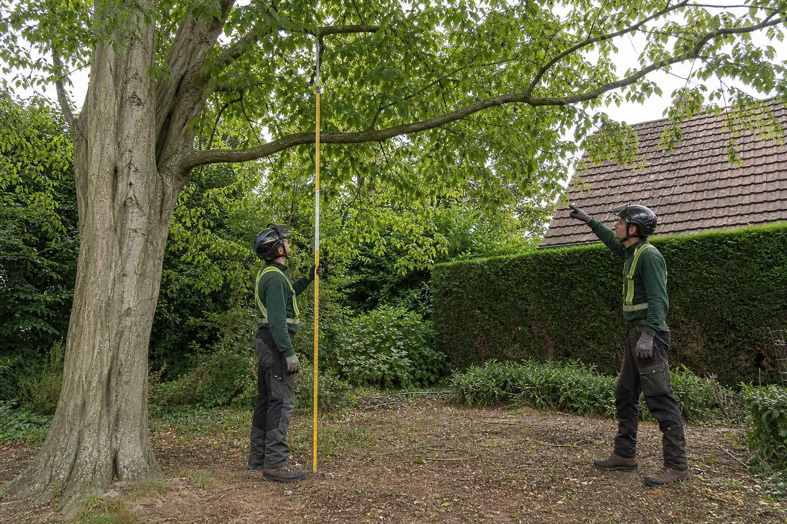 Two arborists measure the clearance beneath a low hornbeam branch beside a roof and hedge.