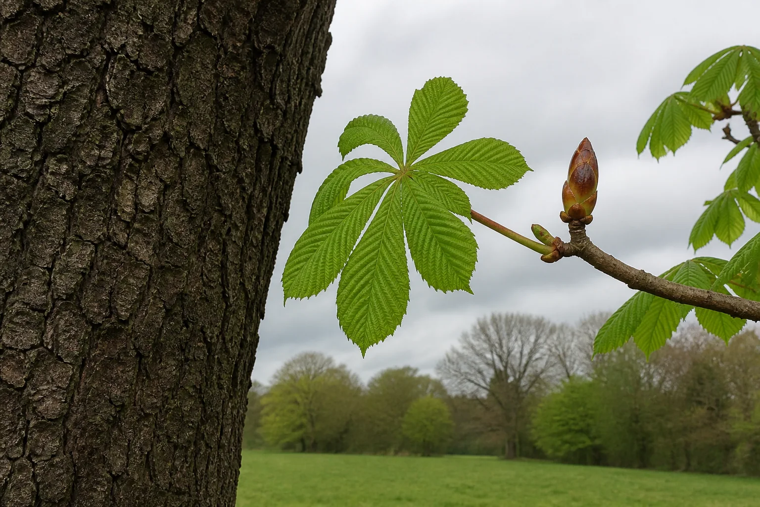 Dark scaly horse chestnut bark beside a separate branch with a palmate leaf and sticky bud.
