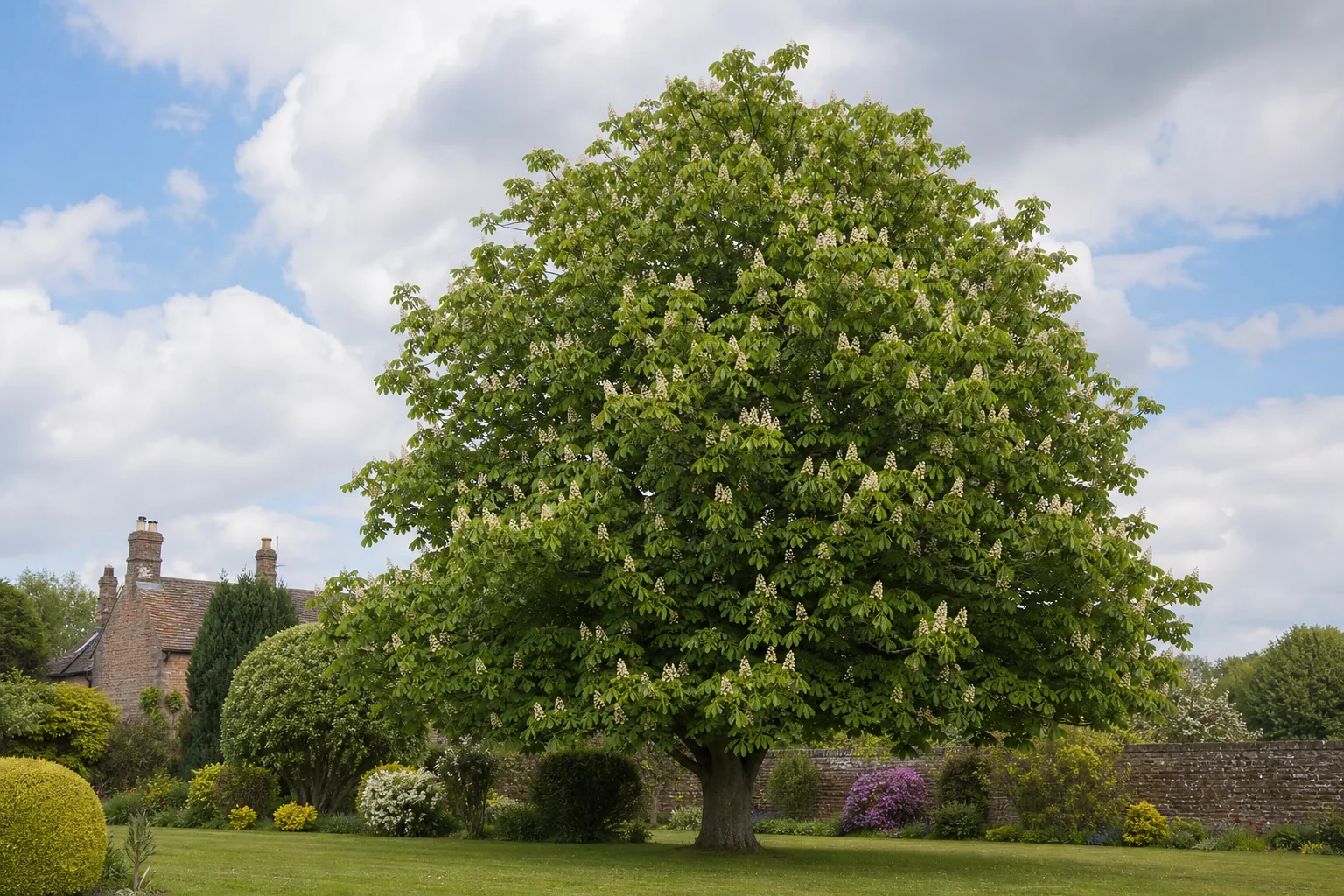 A mature horse chestnut with a broad flowering crown in a residential garden.