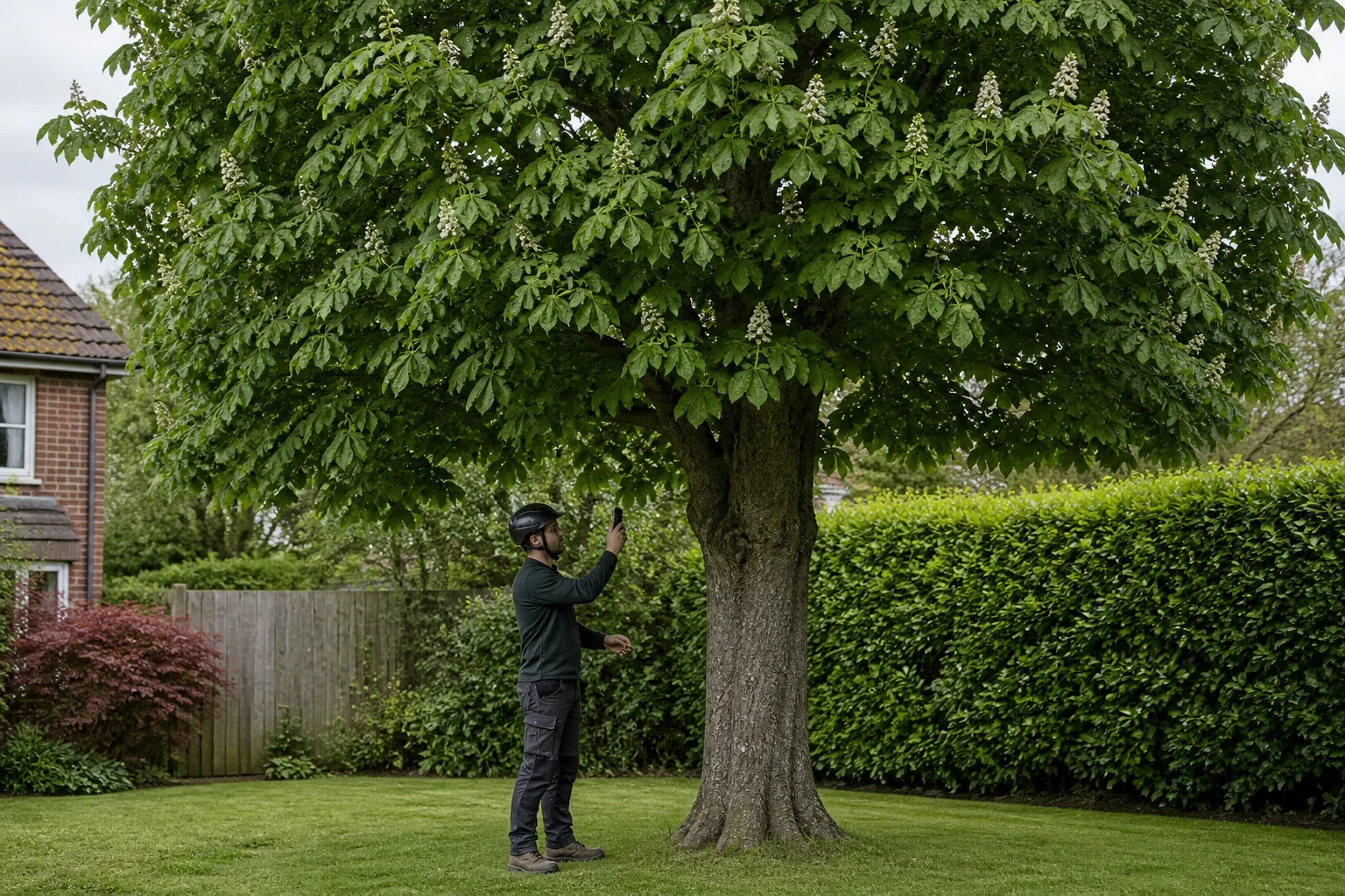 An arborist photographs the lower trunk of a mature horse chestnut from ground level.