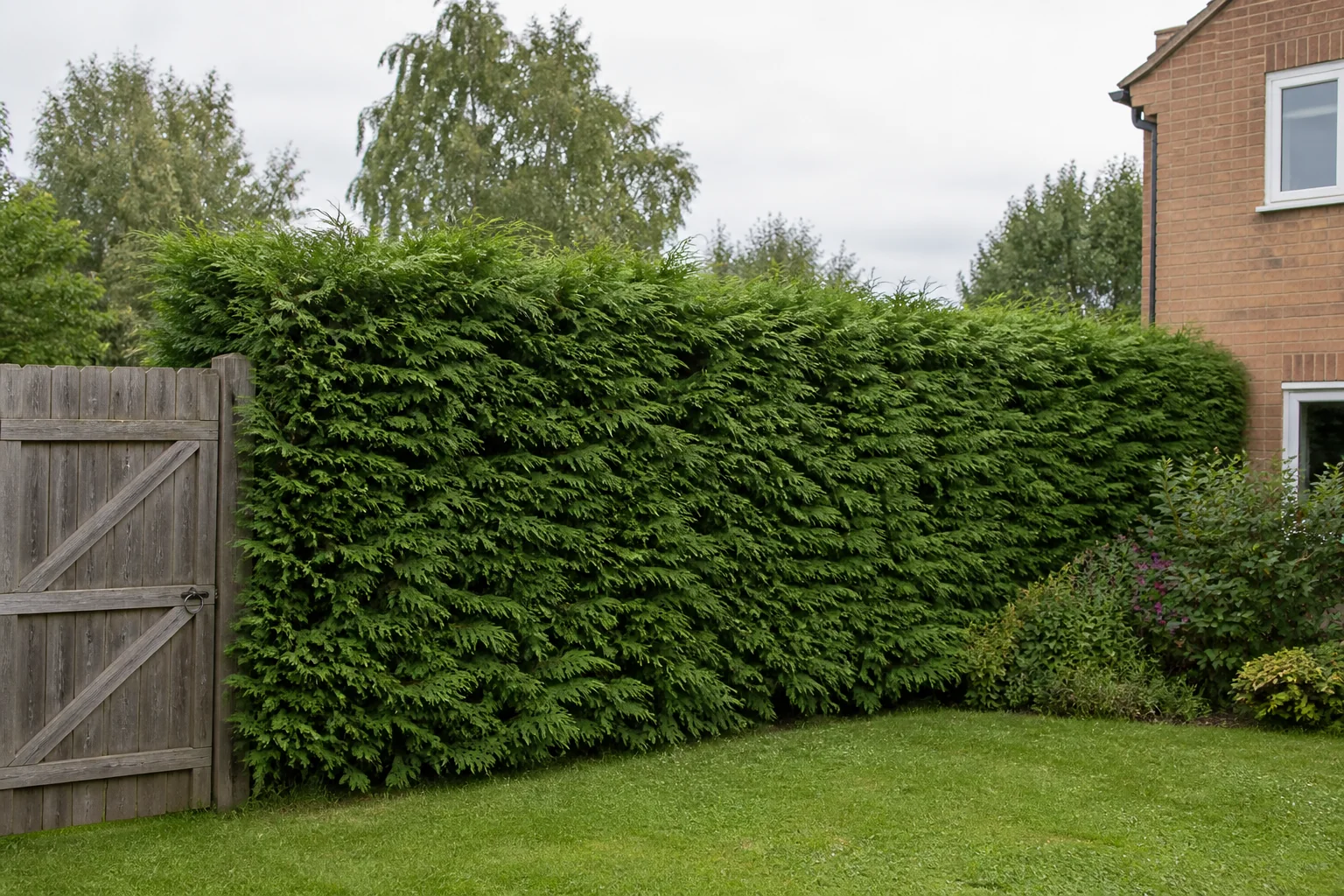 A tall dense Leylandii hedge forming an evergreen garden boundary.