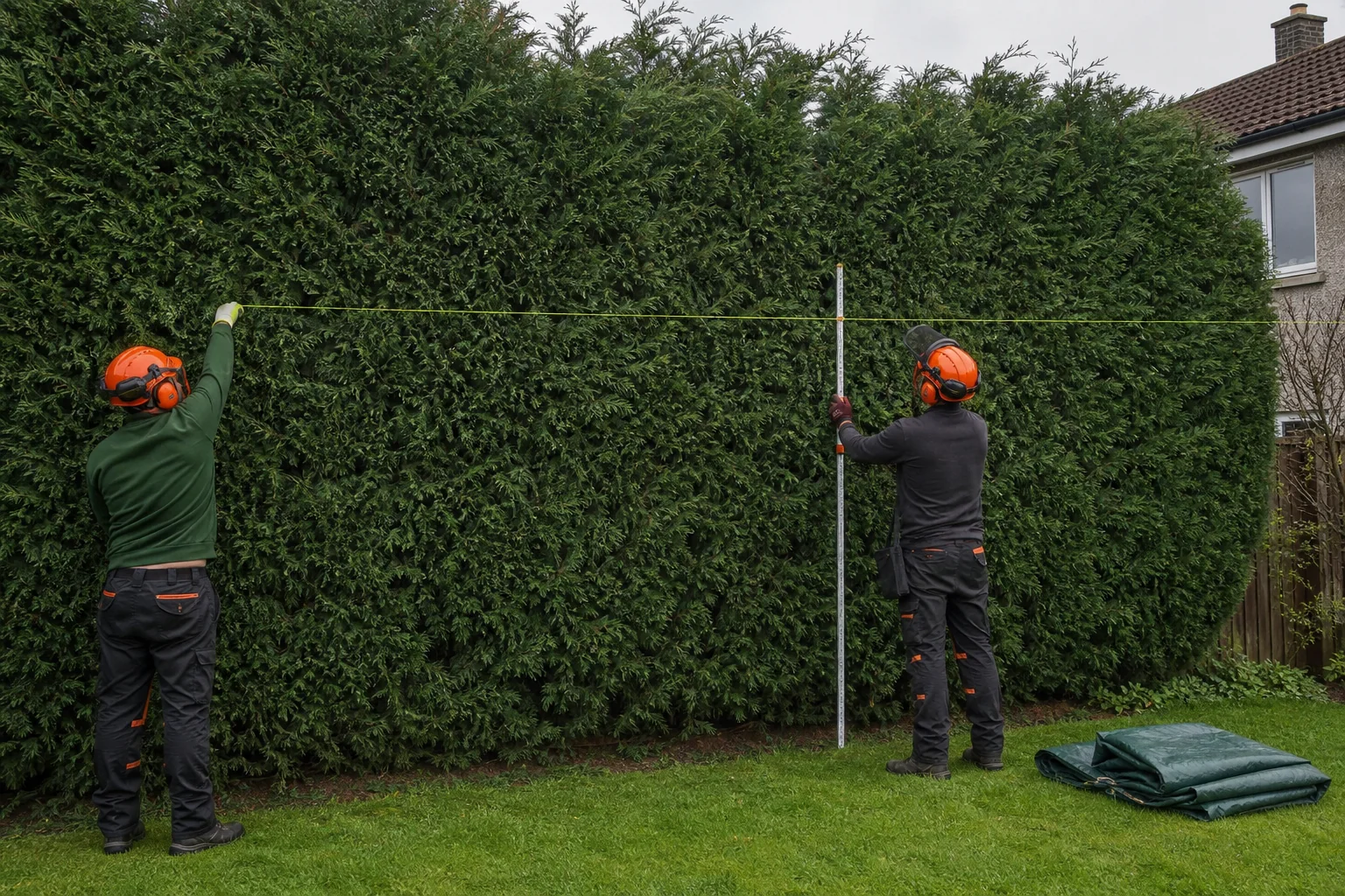 Two hedge workers set a level string line against a tall Leylandii hedge before cutting.