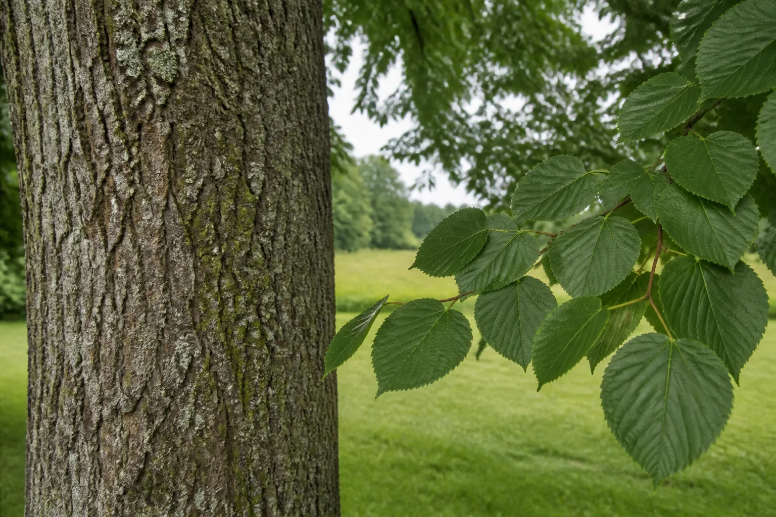 Ridged common lime bark beside a separate branch of heart-shaped green leaves.