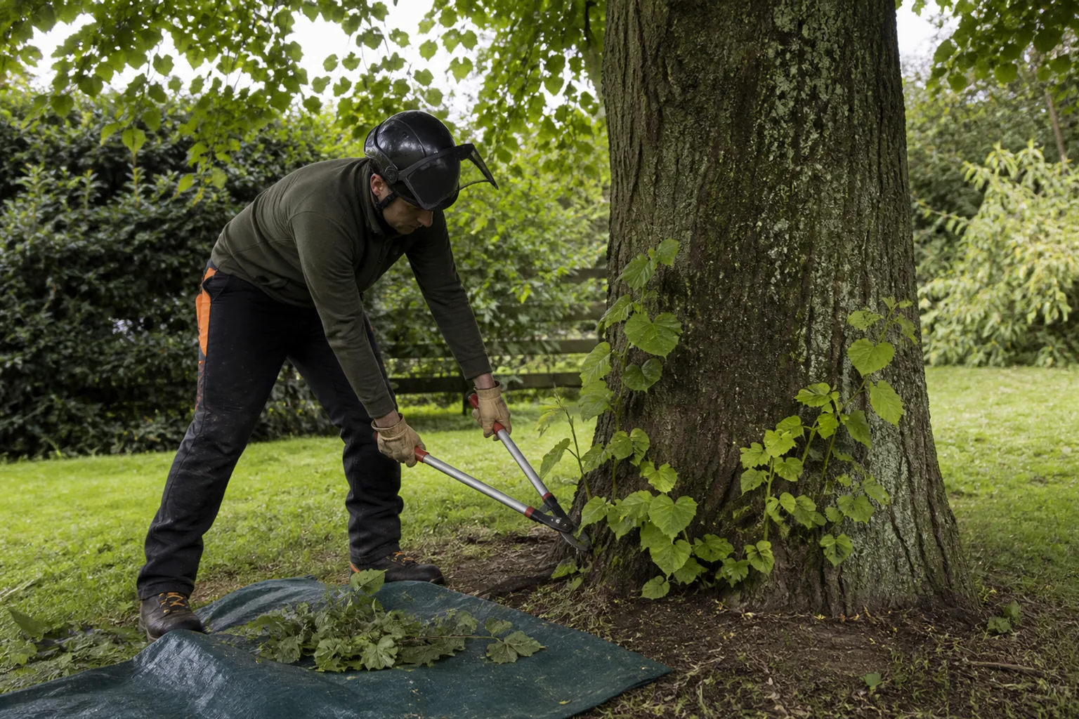 An arborist removes small basal shoots from a mature lime using long-handled loppers.