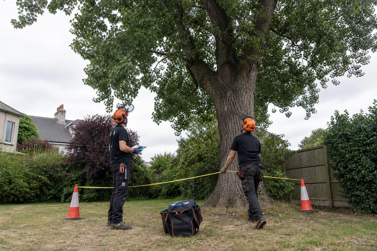 Two arborists mark a working zone and inspect a tall poplar crown from the ground.