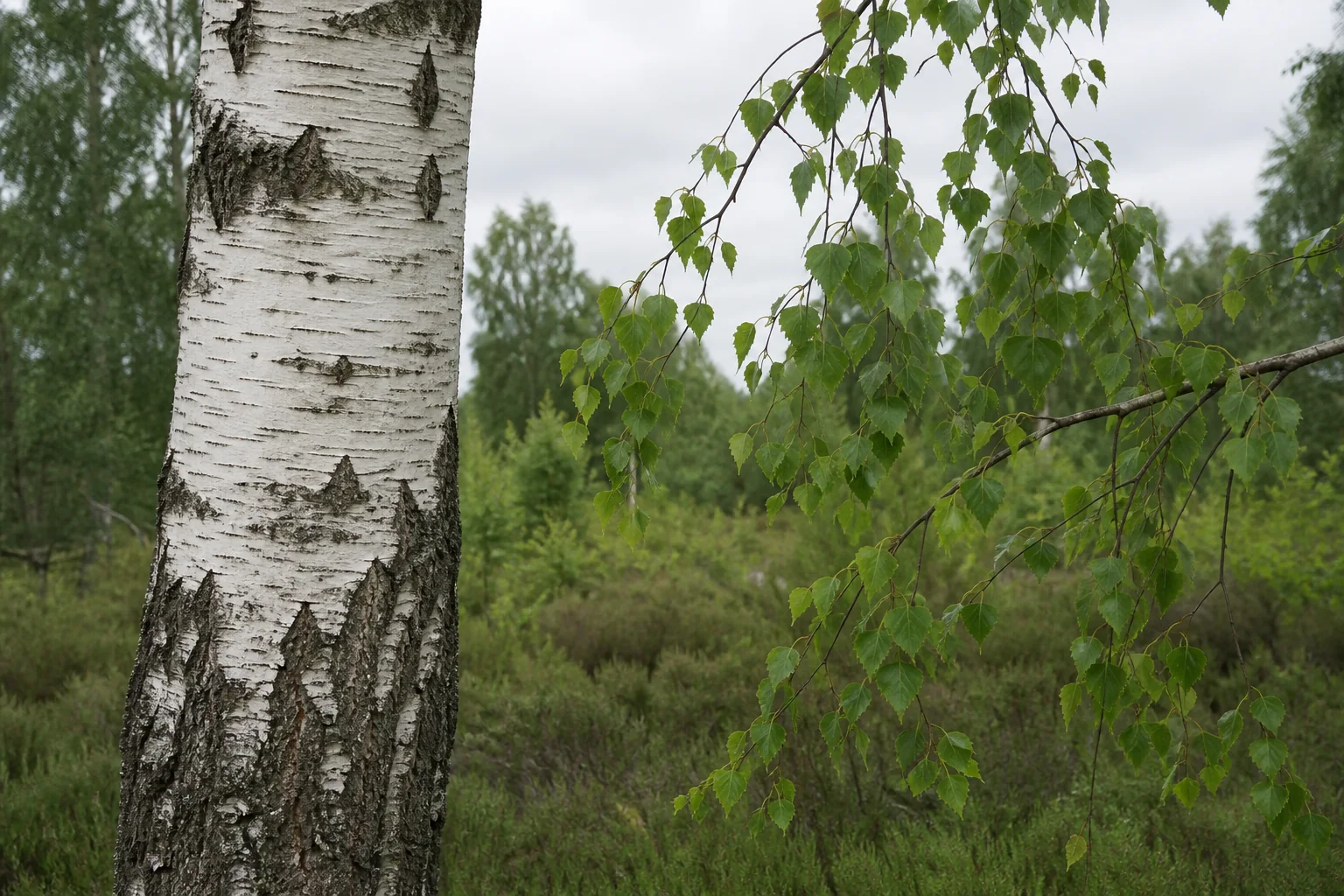 White silver birch bark beside separate drooping twigs with small triangular leaves.
