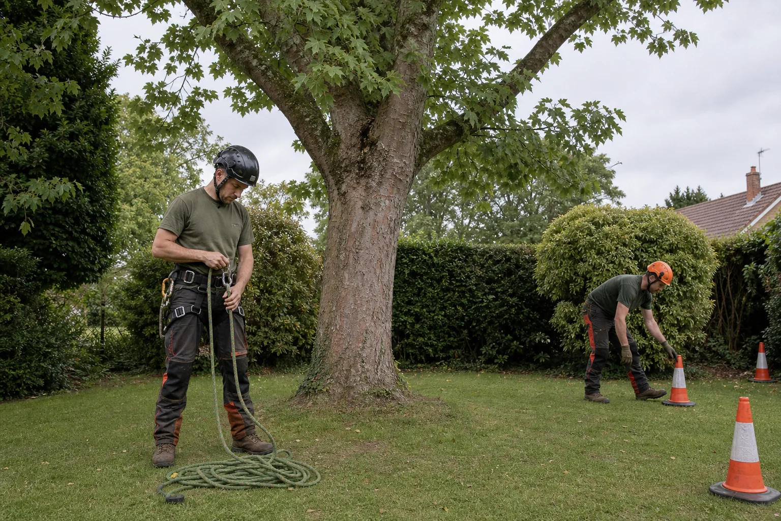 Two arborists prepare climbing equipment and mark a work area beside a mature sycamore.